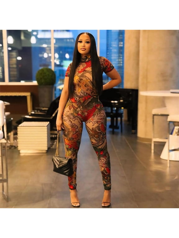 Women Sexy Mesh Print See Through Going Out Birthday Club Print Perspective Mesh Jumpsuit