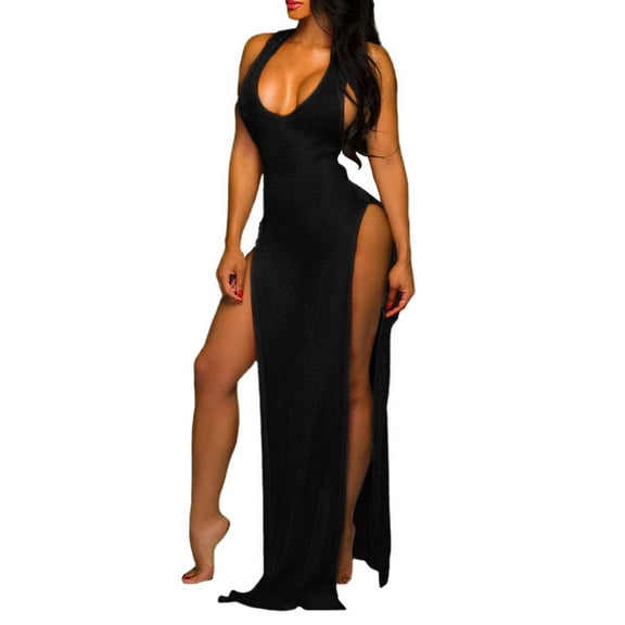 Women Sexy Mesh Sheer See Through Deep V Neck Sleeveless Bodycon High Split Beach Long Dress