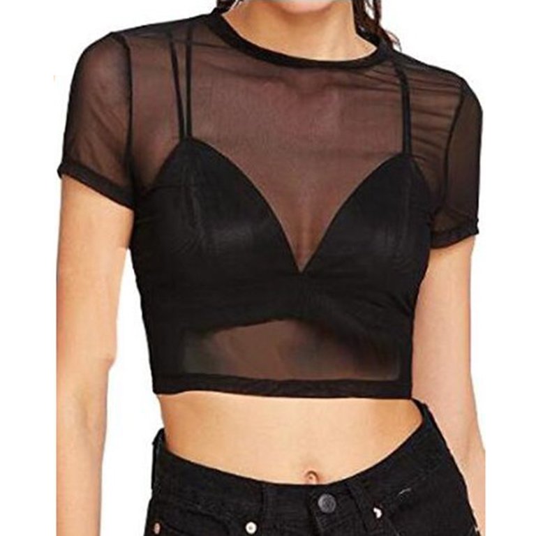 Women Sexy Mesh Sheer See Through Short Sleeve Gauze Crop Tops T-shirt Black  Female Transparent Temptation Erotic T-shirt 