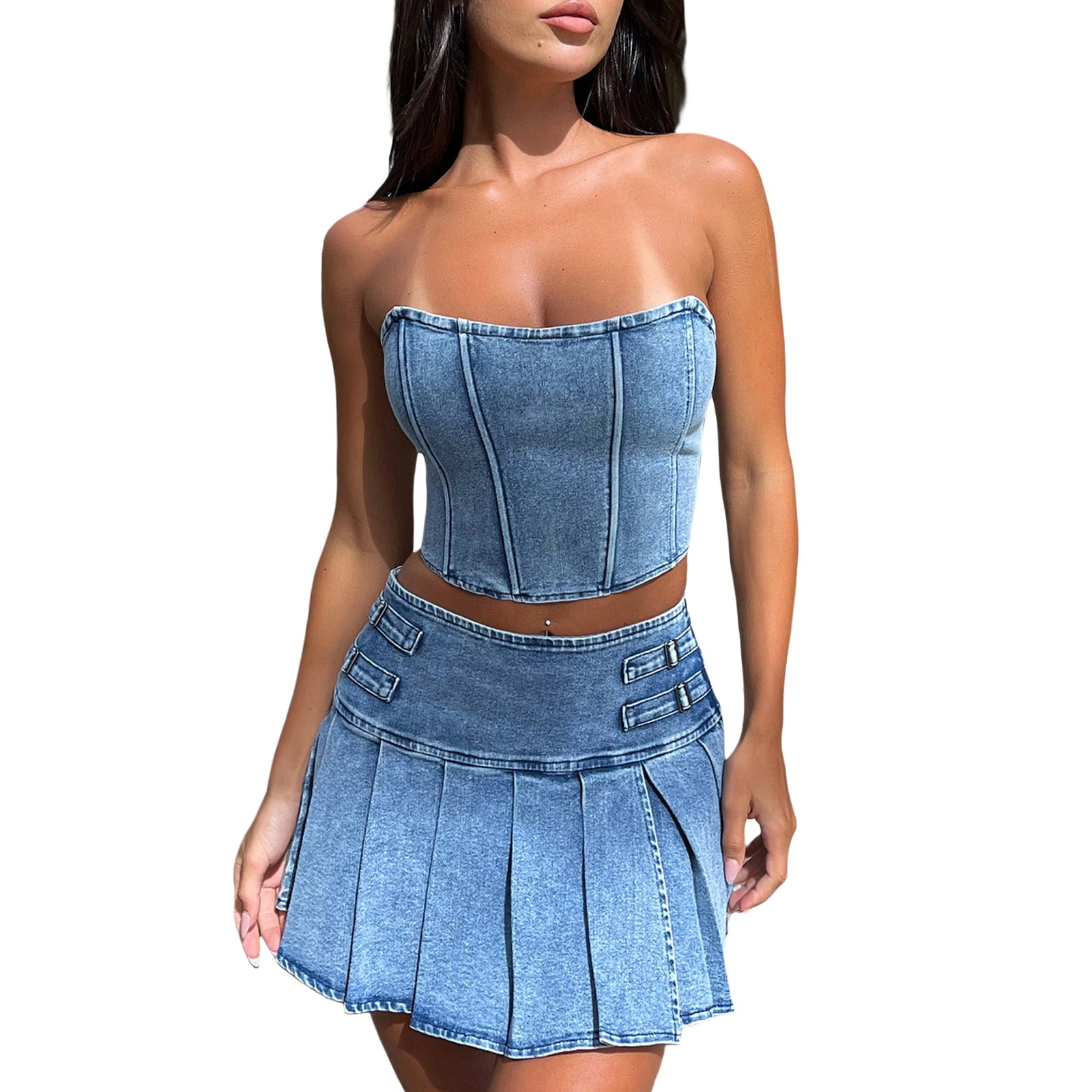Women Sexy Mini Skirt Set 2 Piece Y2k Denim Crop Tube Top