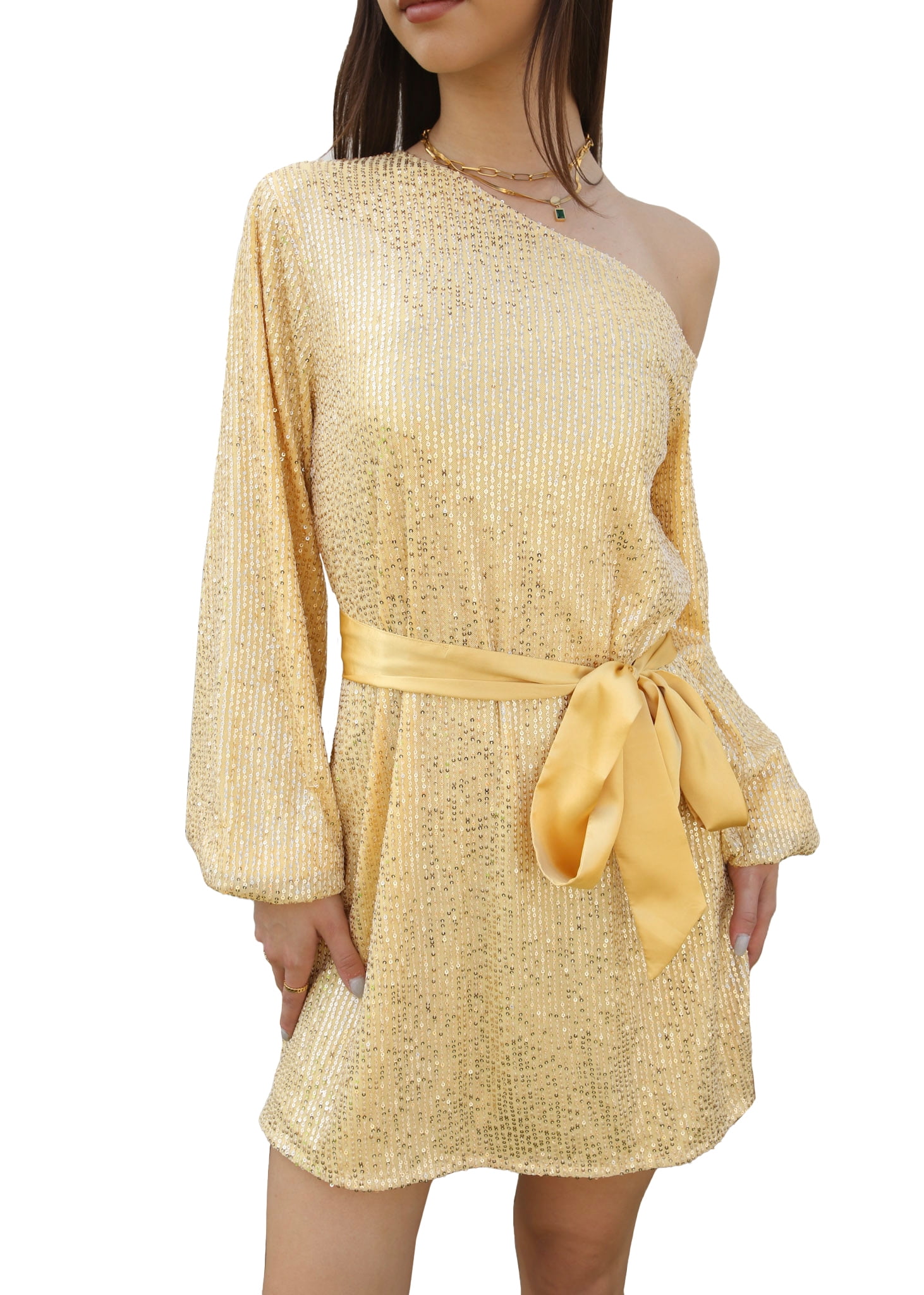 slim fit dress slacks Forever New Gold Sequin Long Sleeve One-Shoulder Mini Dress Ladies Siz –  oppspot main image 1