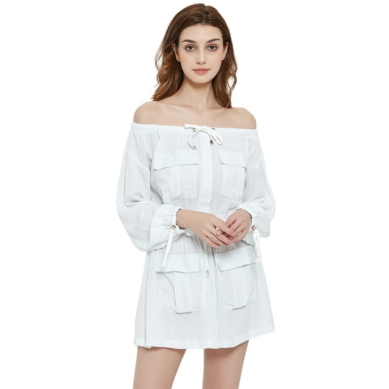 Women Sexy Off Shoulder Dress Drawstring Elastic Pockets Dresses
