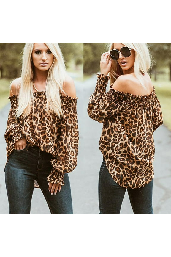 Women Sexy Off-Shoulder Leopard Print Tops Casual Long Sleeve Lantern Sleeve Shirt for Ladies
