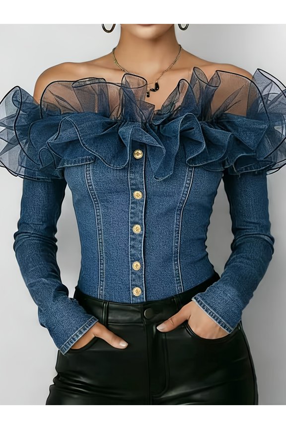 Women Sexy Off Shoulder Ruffle Denim Top Long Sleeve Button Front Stretch Corset Blouse with Sheer Mesh Layered Ruffles
