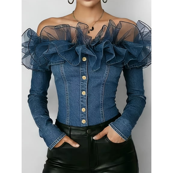 Women Sexy Off Shoulder Ruffle Denim Top Long Sleeve Button Front Stretch Corset Blouse with Sheer Mesh Layered Ruffles