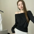 thumbnail image 1 of Women Sexy Off The Shoulder Long Sleeve Tops Y2k Going Out Tops Fit T-Shirts Black M, 1 of 8