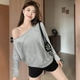 thumbnail image 1 of Women Sexy Off The Shoulder Long Sleeve Tops Y2k Going Out Tops Fit T-Shirts Grey L, 1 of 8