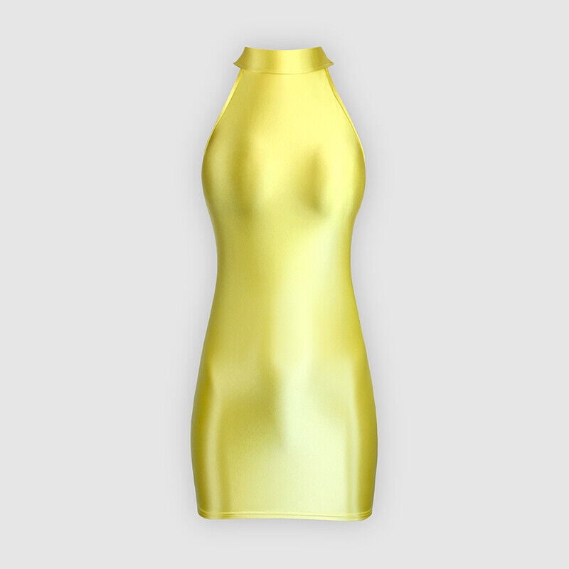 Women Sexy Oil Shiny Gloss Mini Bodycon Dress Sleeeveless Tight Slim ...