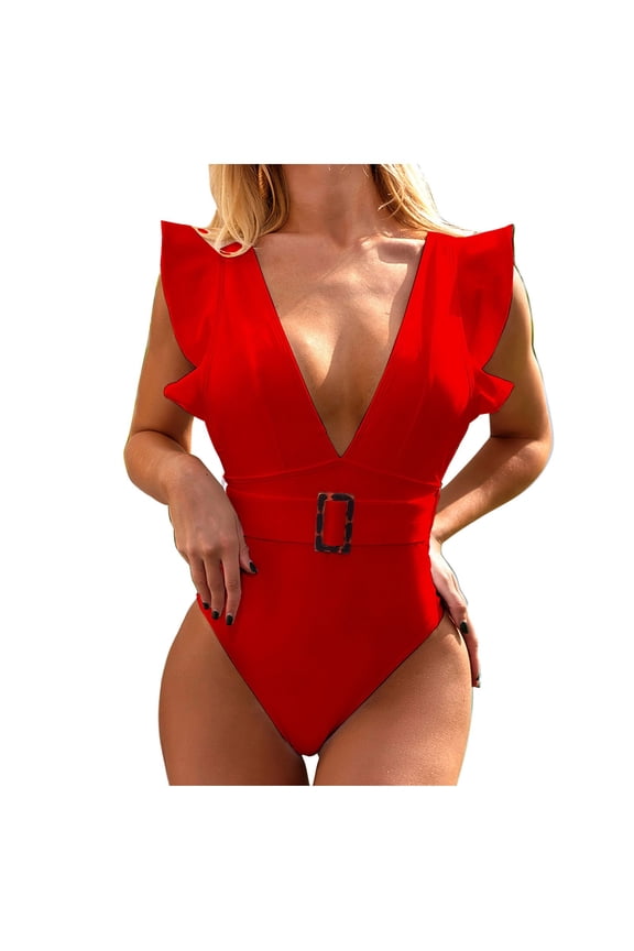 Women Sexy One Piece Swimsuit Deep V-Neck Ruffle Bathing Suit Padded Monokini Solid Belt Slimming Modest Swimming