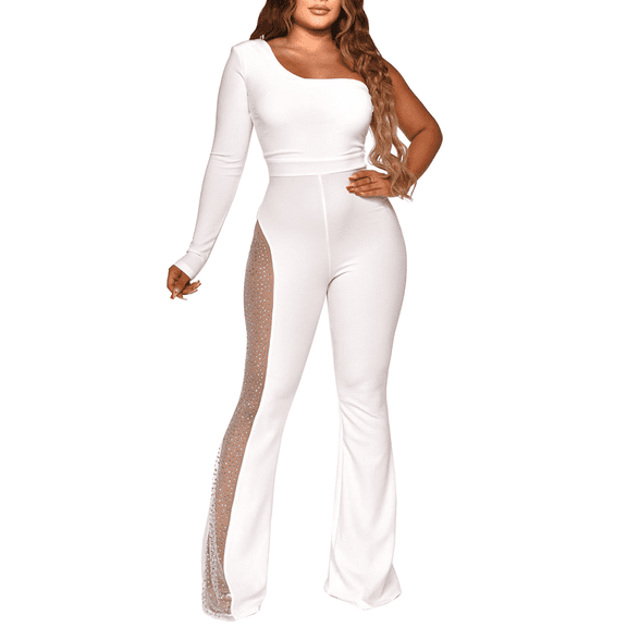Women Sexy One Shoulder Bodycon Rhinestone Leg Jumpsuit Wide Leg Split Long Pant Club Romper Overall(WH-L)