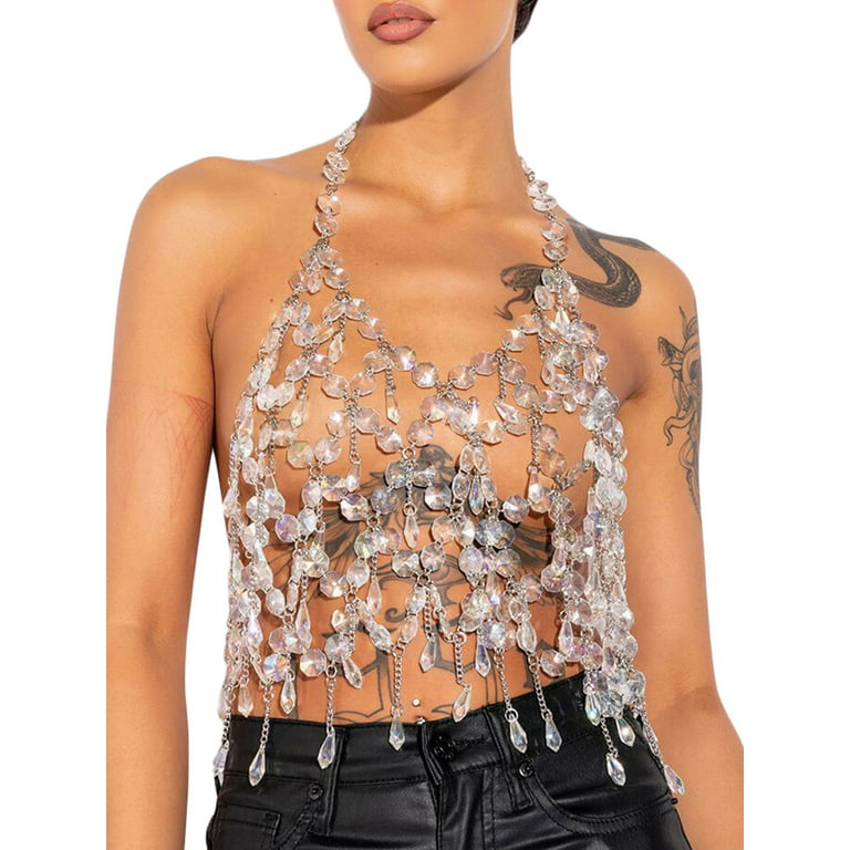 Women Sexy Pearls Beaded Top Pearl Crop Top Spaghetti Strap Bra Cover up  Top Tank Top Party Jewelry Tank Cami Clubwear 