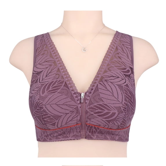 Women Sexy Plus Size Solid Color Large Size No Steel Ring Cover Soft Cotton Cup Front Zipper Printed Breast Lifting Gathering Side Beauty Back Underwear Bra