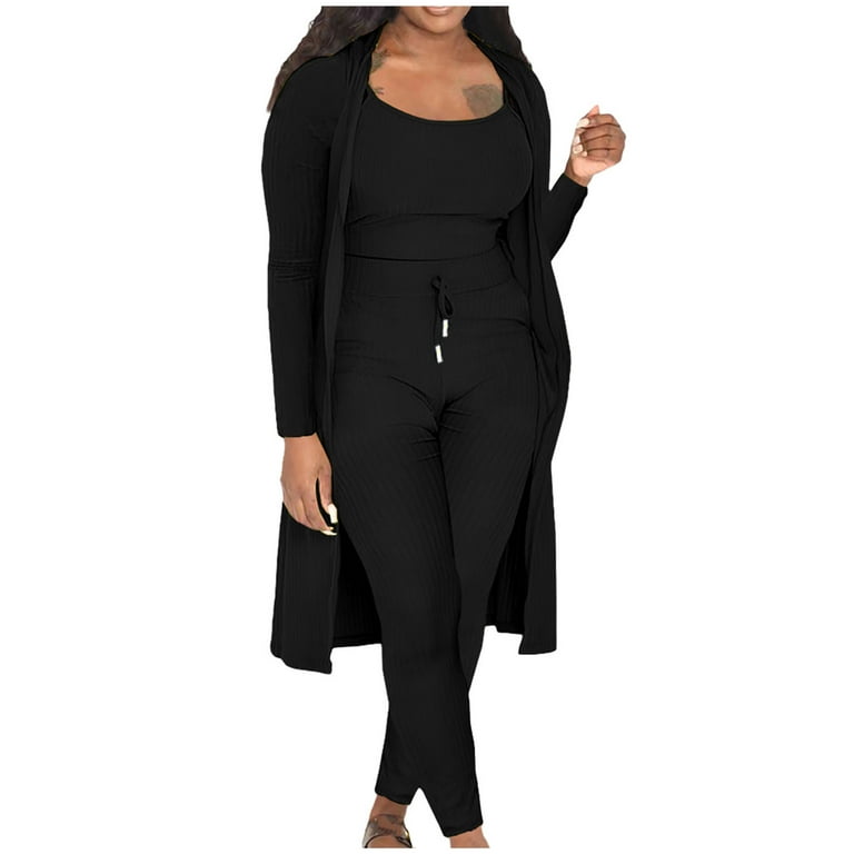 Women Sexy Ribbed 3 Piece Outfits Solid Color Crop Top Long Cardigan Cover  up and Skinny Pants Leggings Lounge Set Womens Clothes 