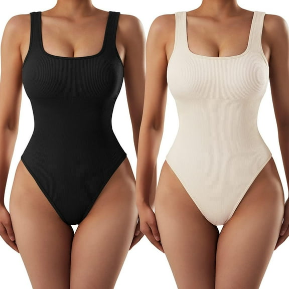 Women Sexy Ribbed Bodysuit Seamless Sleeveless Square Neck Tank Top Shapewear