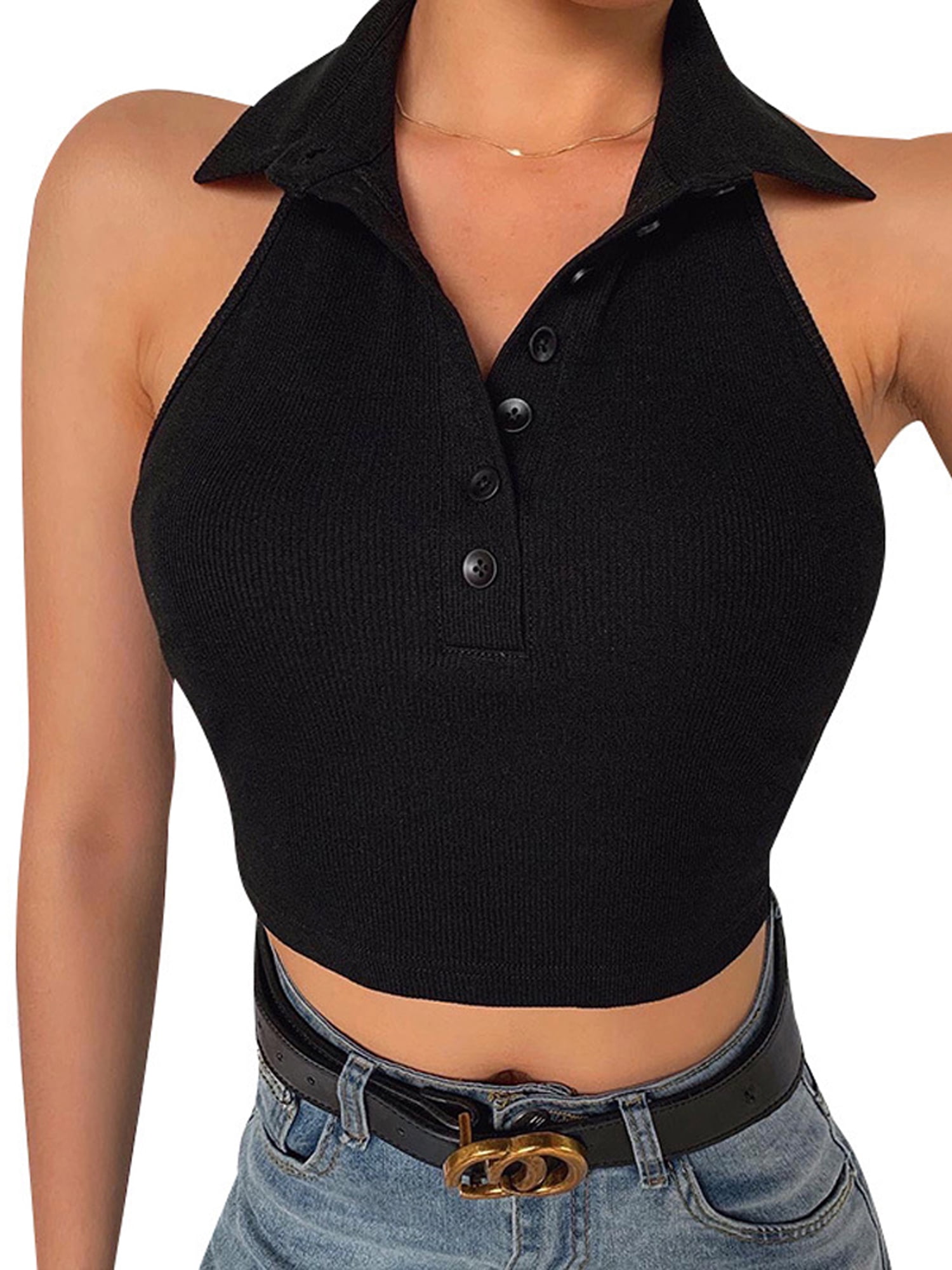 Women Sexy Ribbed Knit Crop Top Turn-Down Collar Halter Sleeveless  Racerback Button Up Collared Tank Top