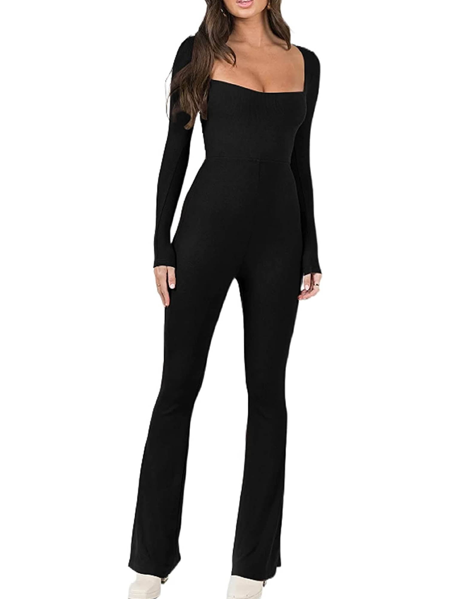 Women Sexy Ribbed Yoga Jumpsuit Long Sleeve Square Neck Bodycon Flared  Pants Workout One Piece Bodysuit 