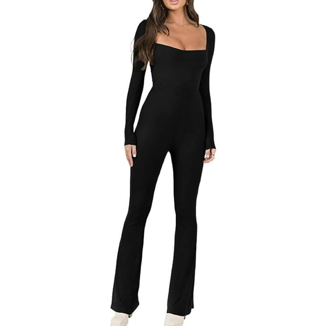 Women Sexy Ribbed Yoga Jumpsuit Long Sleeve Square Neck Bodycon Flared