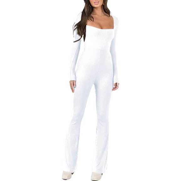 Women Sexy Ribbed Yoga Jumpsuit Long Sleeve Square Neck Bodycon Flared Pants Workout One Piece Bodysuit