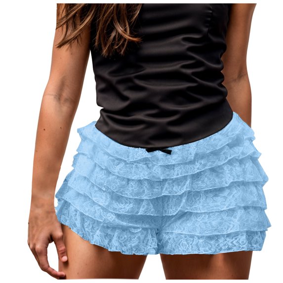 Women Sexy Ruffle Shorts With Bow Soild Color Party Shorts Short Skirt Low Waist Layered Shorts