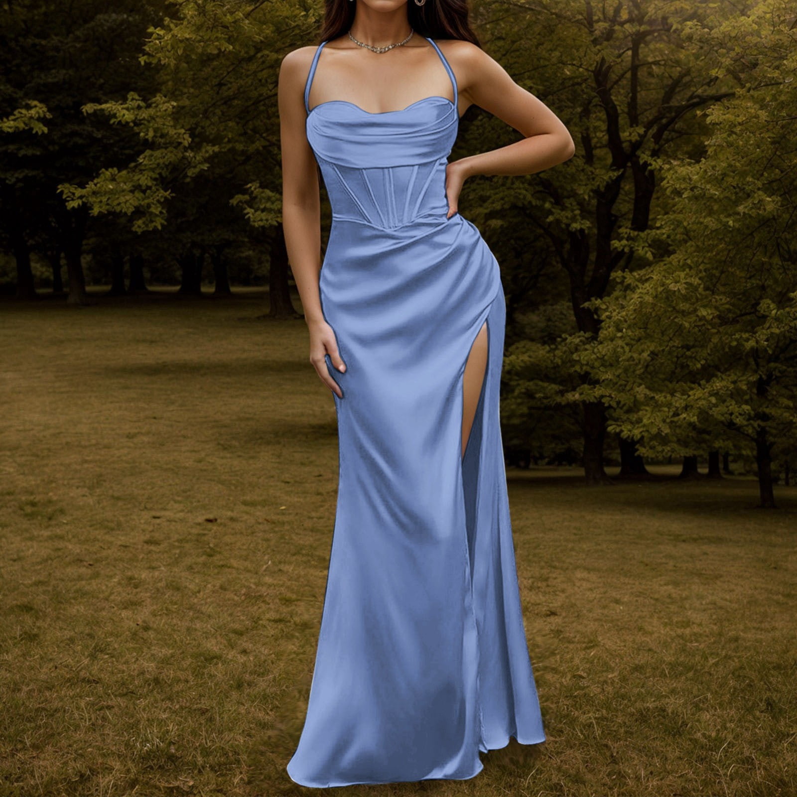 Women Summer Satin Ruched High Slit Corset Party Dres,DS4579