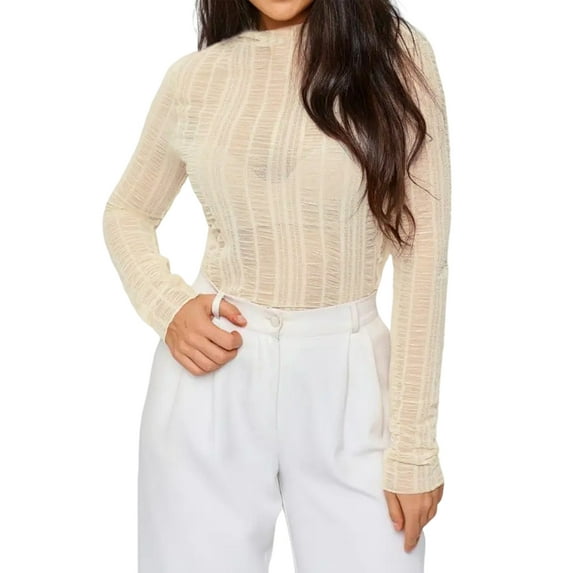 Women Sexy- See Through Long Sleeve T-Shirts Mesh Sheer Skinny Rib Scalloped Trim Tees Blouse Top Outfits S