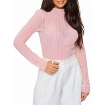 Women Sexy- See Through Long Sleeve T-Shirts Mesh Sheer Skinny Rib Scalloped Trim Tees Blouse Top Outfits Pink S