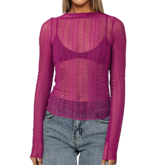 Women Sexy- See Through Long Sleeve T-Shirts Mesh Sheer Skinny Rib Scalloped Trim Tees Blouse Top Outfits Rose Red L