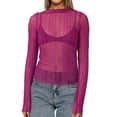 thumbnail image 1 of Women Sexy- See Through Long Sleeve T-Shirts Mesh Sheer Skinny Rib Scalloped Trim Tees Blouse Top Outfits Rose Red S, 1 of 7