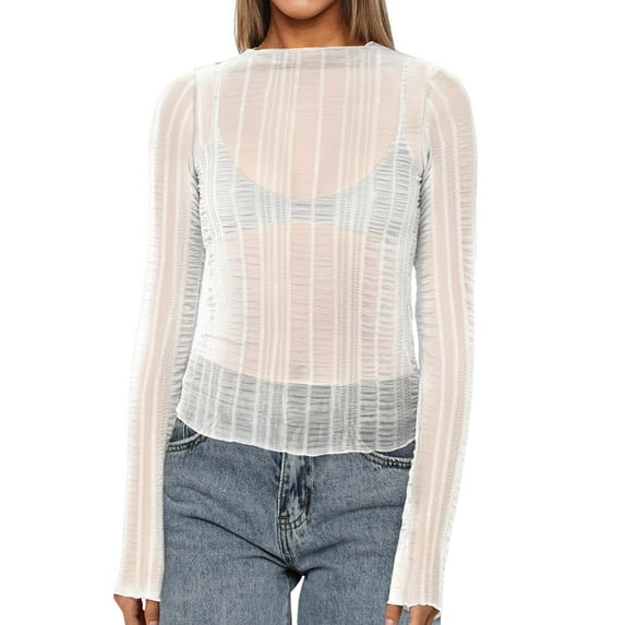 Women Sexy- See Through Long Sleeve T-Shirts Mesh Sheer Skinny Rib Scalloped Trim Tees Blouse Top Outfits White M