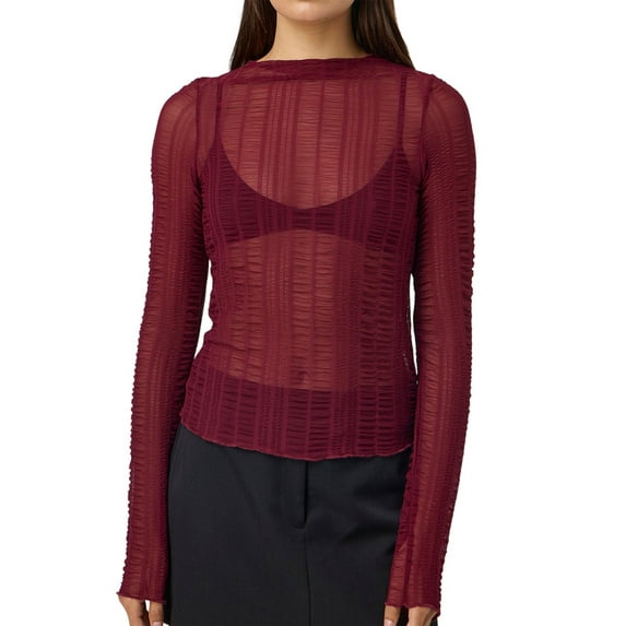 Women Sexy- See Through Long Sleeve T-Shirts Mesh Sheer Skinny Rib Scalloped Trim Tees Blouse Top Outfits Wine Red L