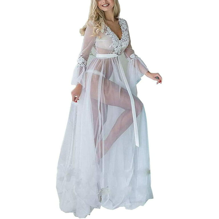 Women Sexy See Through Mesh Dress Long Sleeve V Neck Lace Nightdress Robe Sheer  Nightgowns Sleepwear 