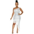 thumbnail image 1 of Women Sexy Sequin Evening Dress Sleeveless Sloping Shoulder Tassel Split Party Gown, 1 of 2