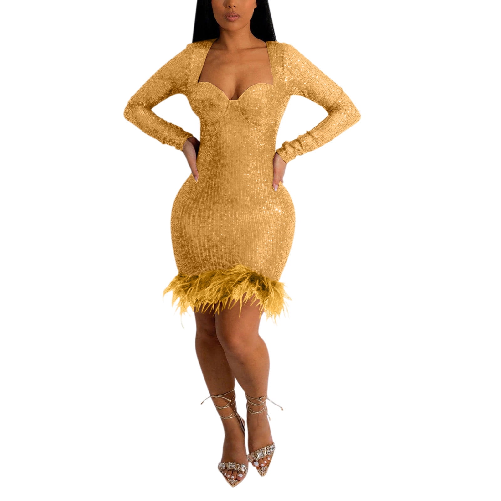 Sexy Party Sequins Feather Hemline O Neck Evening Dresses(4 Colors)