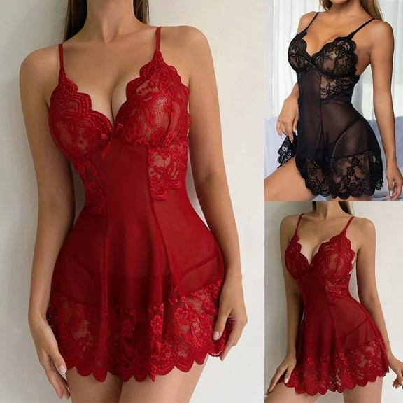 Women Sexy Sheer Lingerie Nightdress Lace Sleepwear Underwear Ladies Dress Robe Black S YIWEI