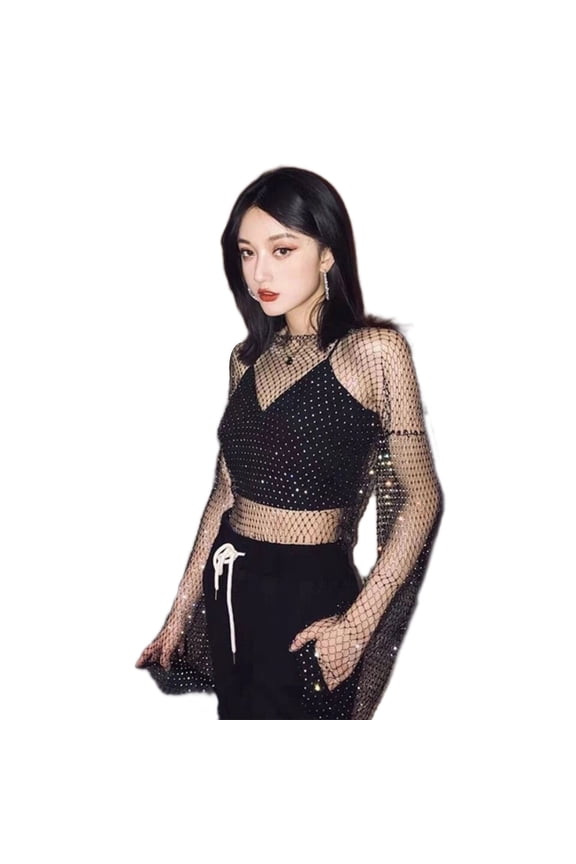 Women Sexy Sheer Mesh Flare Sleeve Shirt Rhinestone Fishnet Cover Up Crop Top