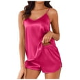 thumbnail image 1 of Women Sexy Silk Pajamas Set Polyester Spandex Satin V Neck Top and Shorts for All Seasons, 1 of 4