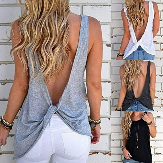 Women Sexy Sleeveless Open Back Shirt Knotted Tank Top Blouse Sport Vest Tops Tshirt