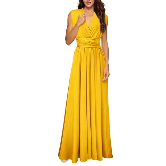 CIENVNSTG Women Sexy Sleeveless V-Neck Maxi Dress Evening Long Prom A-Line Dress Spaghetti Strap Wedding Cocktail Maxi Gown Yellow XL