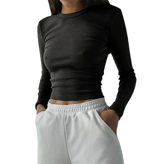 Women Sexy Slim Crop Tops Y2k Solid Color Long Sleeve Fitted T-shirts Casual Basic Tee Blouse Spring Autumn Streetwear
