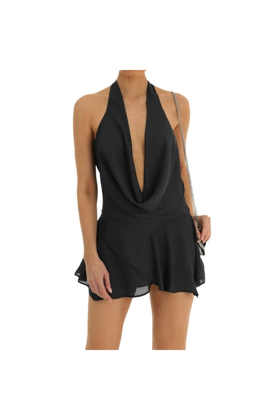 Women Sexy Slim Fit Low Cut Mini Dress Y2K Backless Halter Deep V Neck Mesh Short Dress Elegant Evening Vestidos