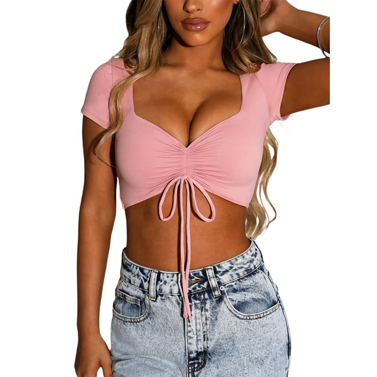 Women Sexy Slim Fit Ruched Solid Color Short Sleeve V-neck Drawstring Crop  Top