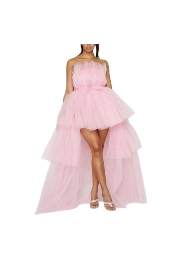 Women Sexy Solid Color Tiered Tube Tutu Long High Low Puffy Dress Prom Evening Fairy Gowns Off Shoulder Mesh Tulle Dress
