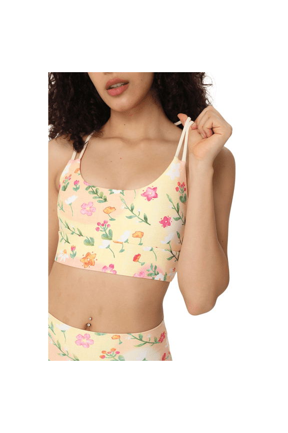 Women Sexy Square Neck Strappy Top Low Impact Wirefree Gym Sports Yoga Swim Bra-Blossom Pattern