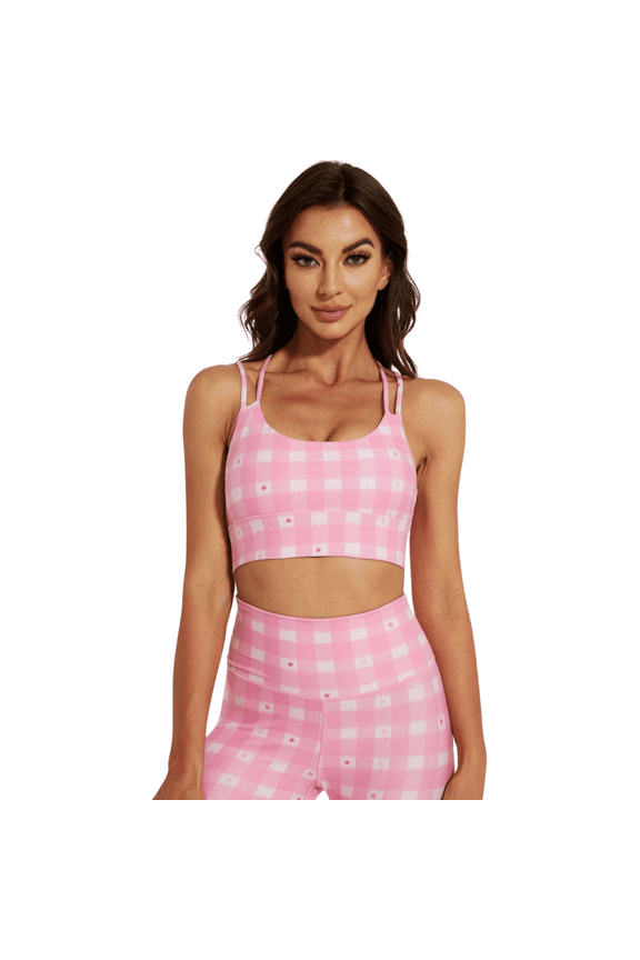 Women Sexy Square Neck Strappy Top Low Impact Wirefree Gym Sports Yoga Swim Bra-Pink Stars Pattern