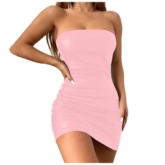 Women Sexy Strapless Bodycon PU Leather Ruched Latex Dress For Club Party