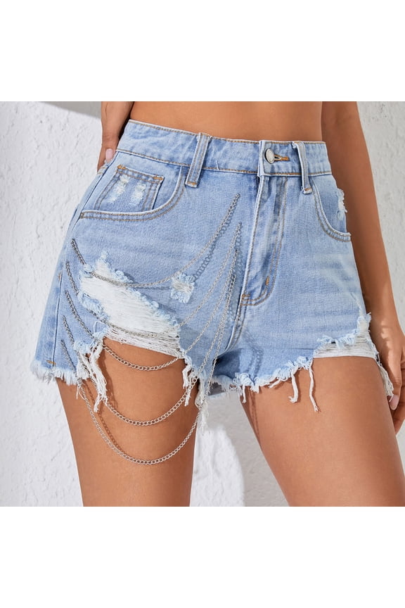 Women Sexy Street Style High Waist Straight Leg Light Blue Denim Chain Detail Shorts Slim Fit Pants Women Thick Denim Denim Knit Leggings Classic plus Woman Pants Size 14 Womens Tall Pants Pants for