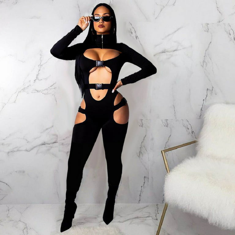 Women Sexy Tight-Fitting Jumpsuit Trendy Hollow Out Long Sleeve Turtleneck  Solid Romper Club Street Playsuit Party outfits