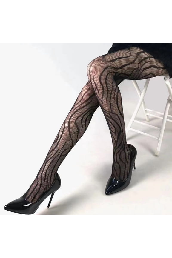 Women Sexy Tights Fishnet Opening Leggings Stripe Pantihose Lingerie Pants-2Pcs
