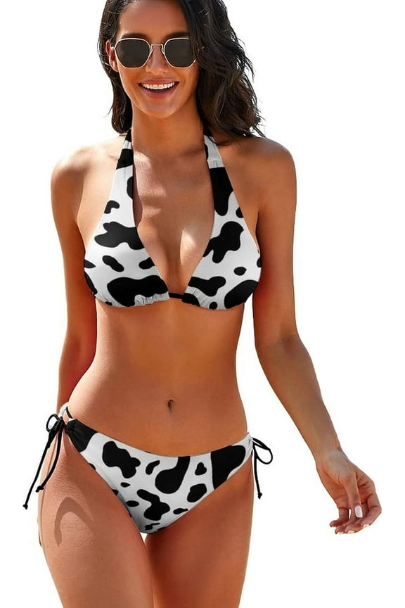 Women Sexy Triangle Bikini Swimsuit Cow Print Halter String Two Piece Bathing Suits