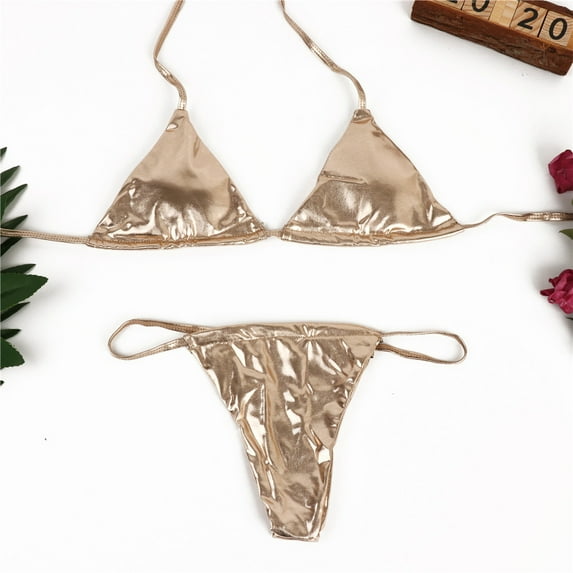 Women Sexy Triangle Thong Bikini Gold Silver Push Up Brazilian Swimwear Swimsuit
